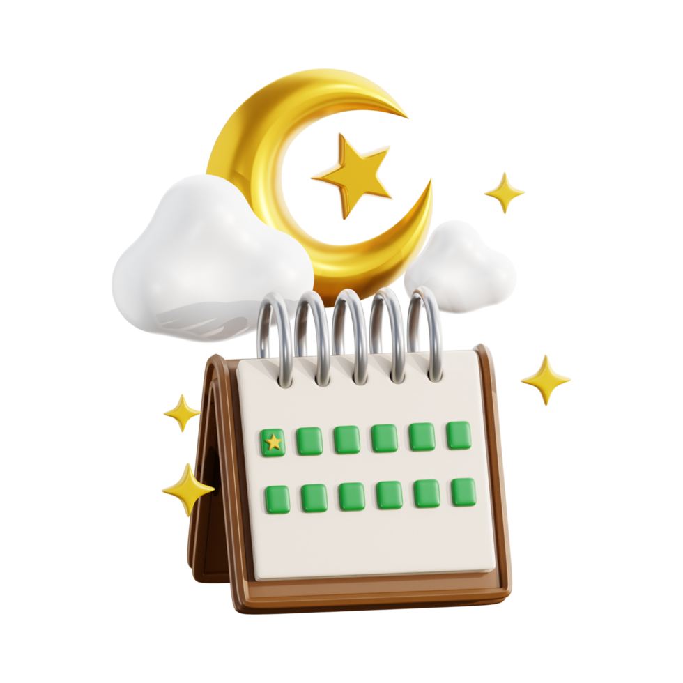 calendar with crescent and stars on it, on transparent background, 3d ramadan icon png