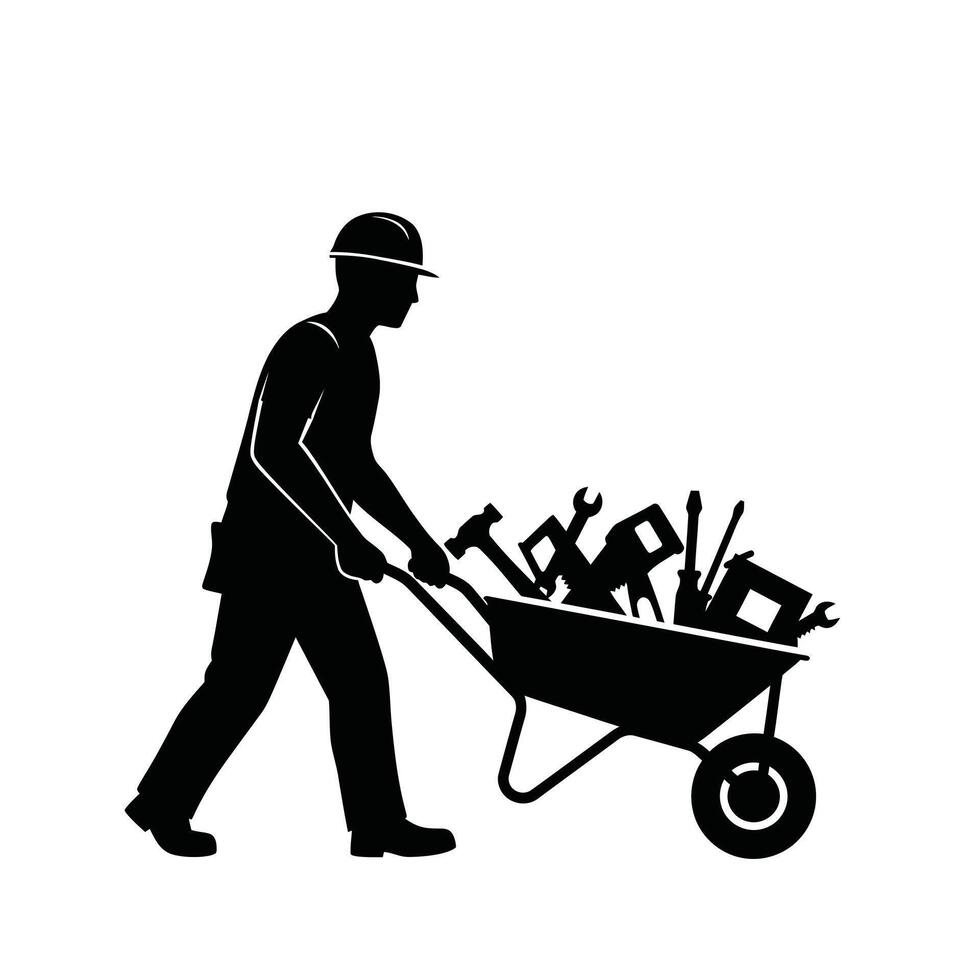 Silhouette of a man pushing a wheelbarrow with tools vector