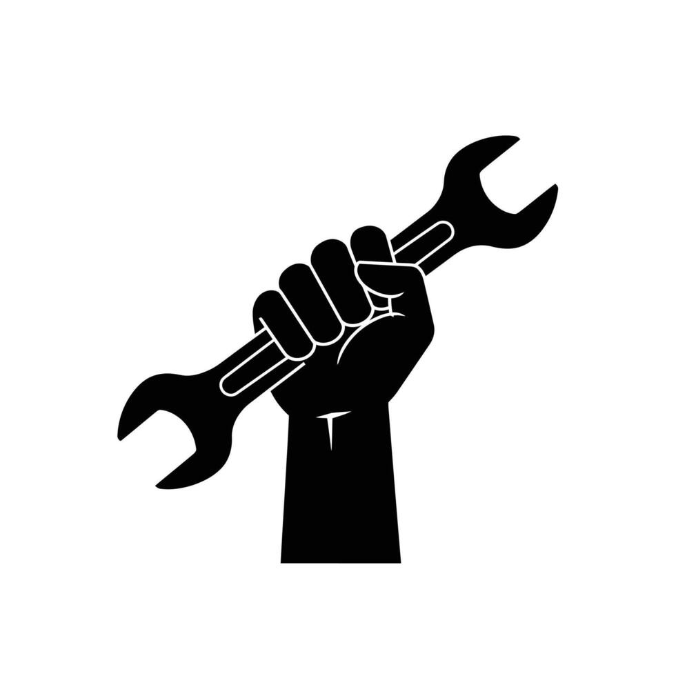 A black and white illustration of a hand holding a wrench vector
