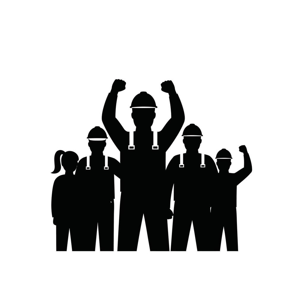 Silhouette of a group of people with their hands up vector