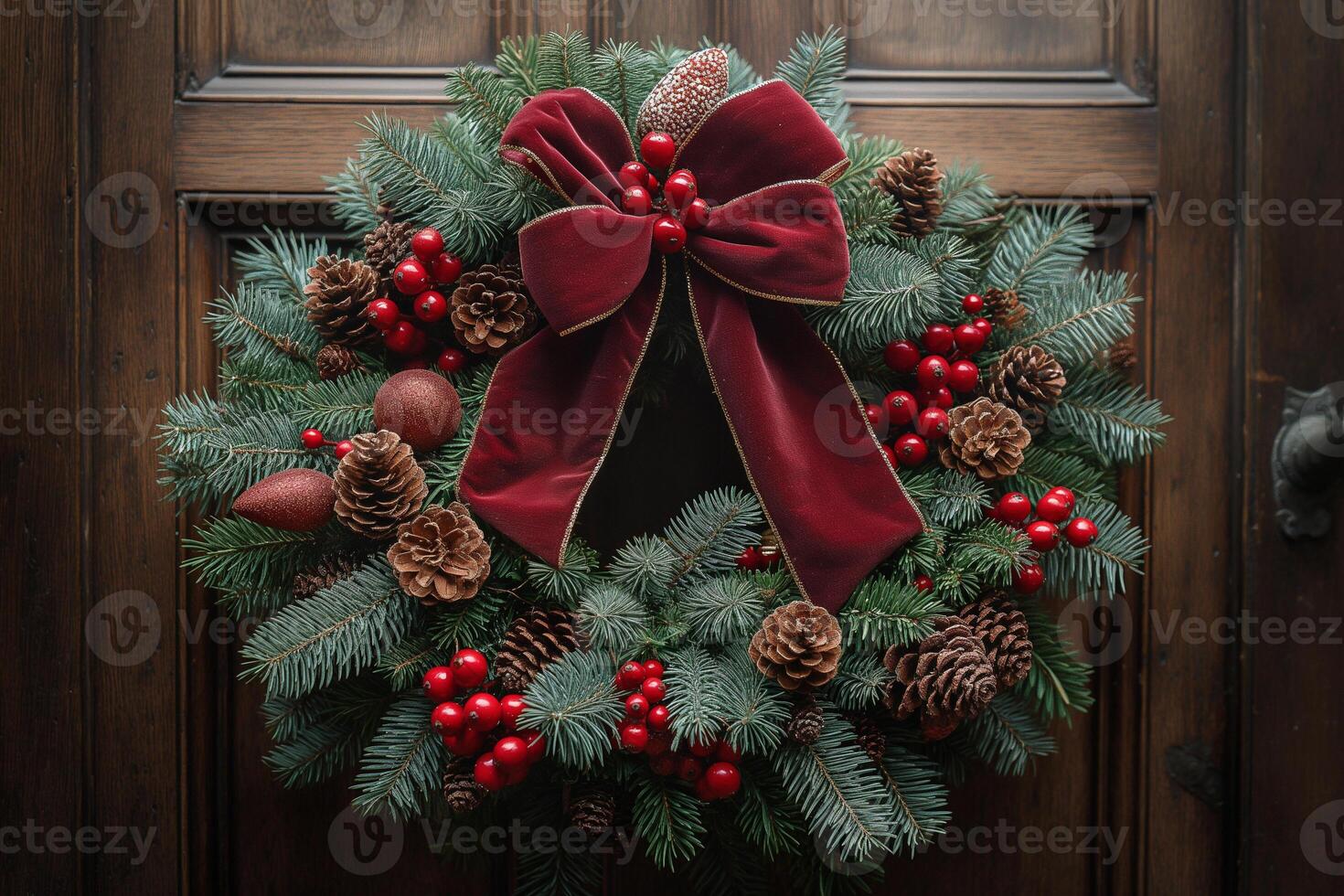 Festive holiday wreath adorned with red berries and pinecones welcomes guests at the wooden door. photo
