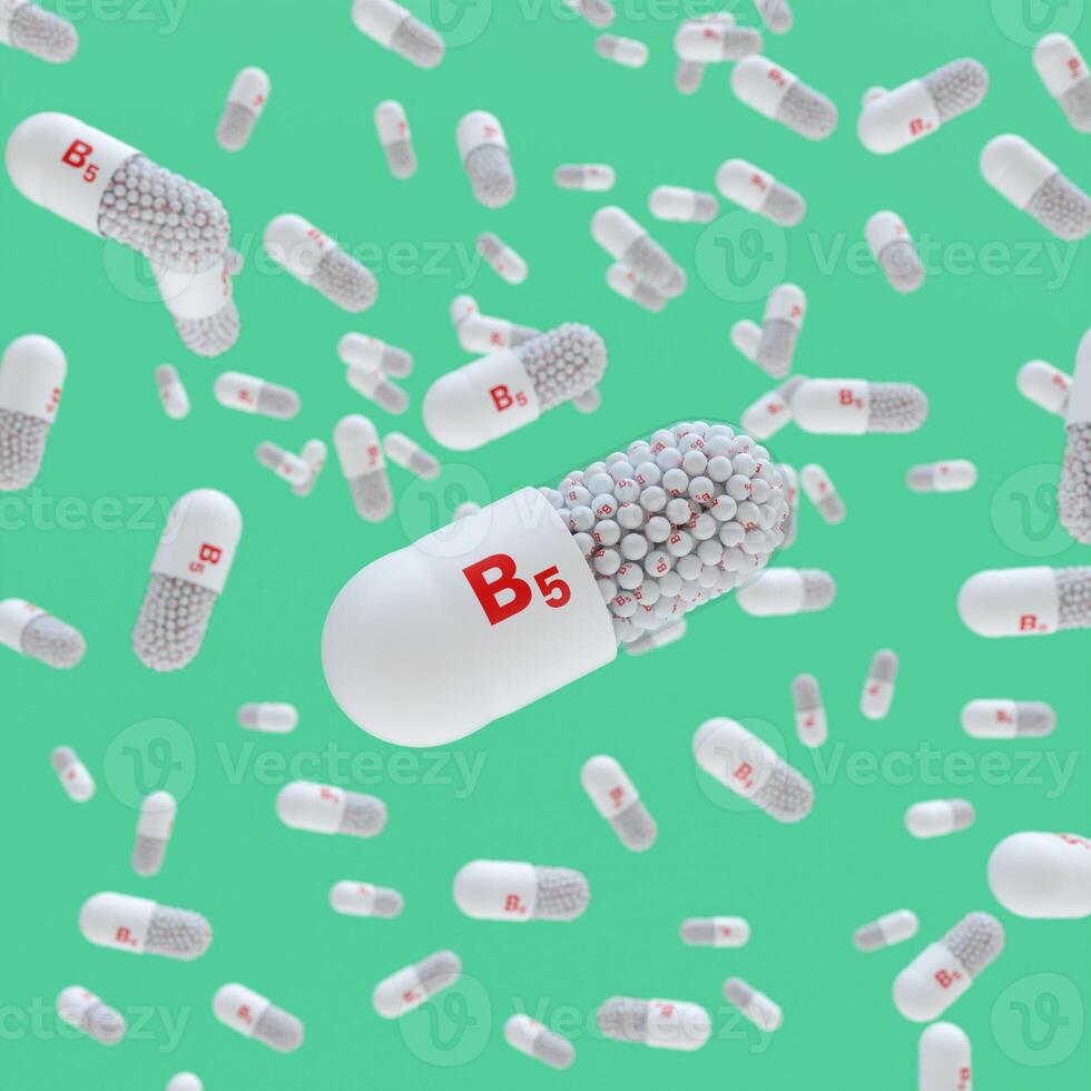 Close-up of a pill capsule with the label Vitamin B5 photo