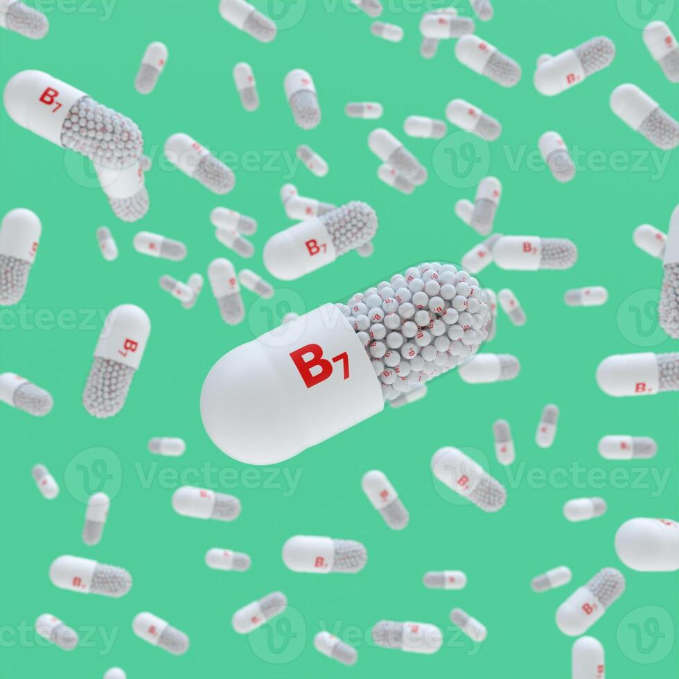 Close-up of a pill capsule with the label Vitamin B7 photo