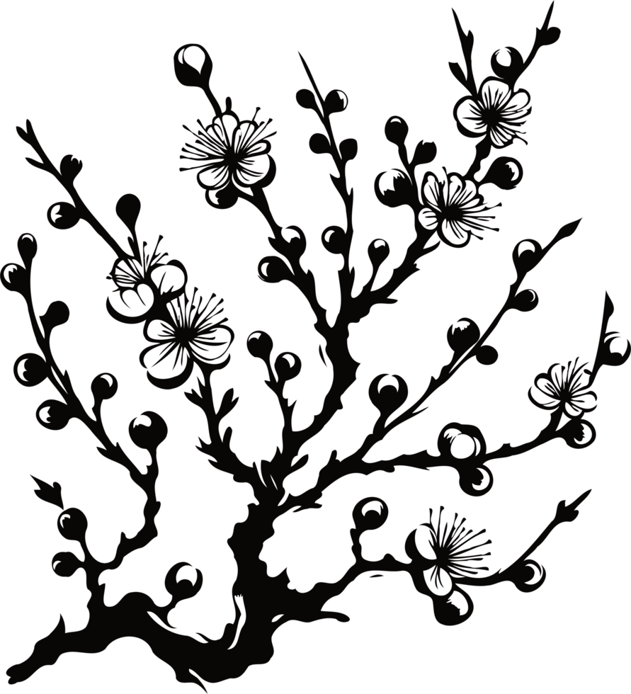 plum blossom Hand Drawn Vintage Sketch Drawing, green leaves Line Art, Plants tree branch, Collection branches Floral elements, set of Botanical Illustration Outline leaf, Black And White leaves png