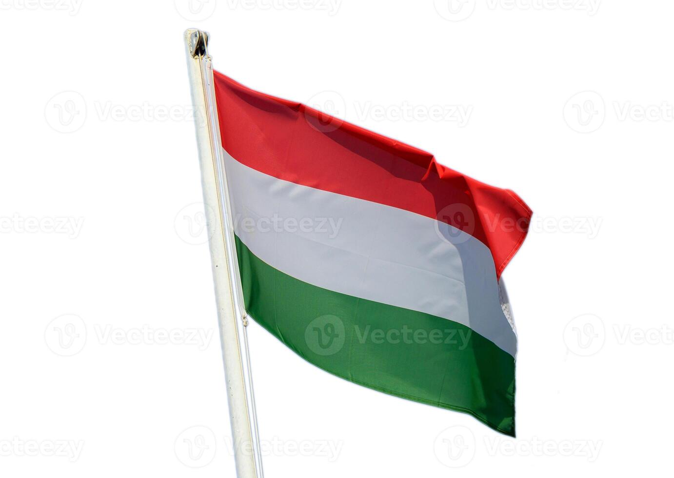 Hungarian flag waving proudly against a clear sky during a festive occasion in Budapest photo
