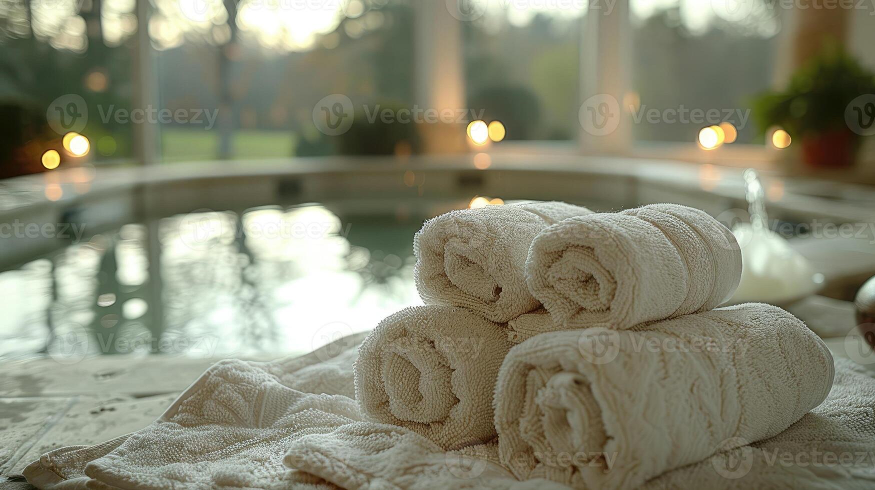 Luxurious Rolled Spa Towels Near Indoor Hot Tub Relaxation Concept photo