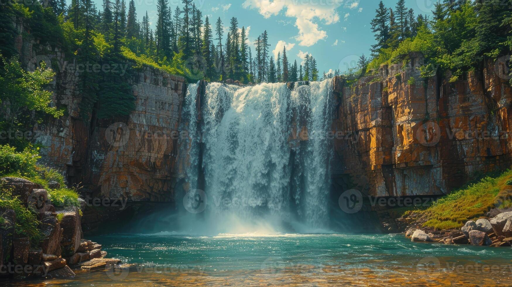 Majestic Waterfall Cascading over Rocky Cliffs in Lush Forest Landscape photo