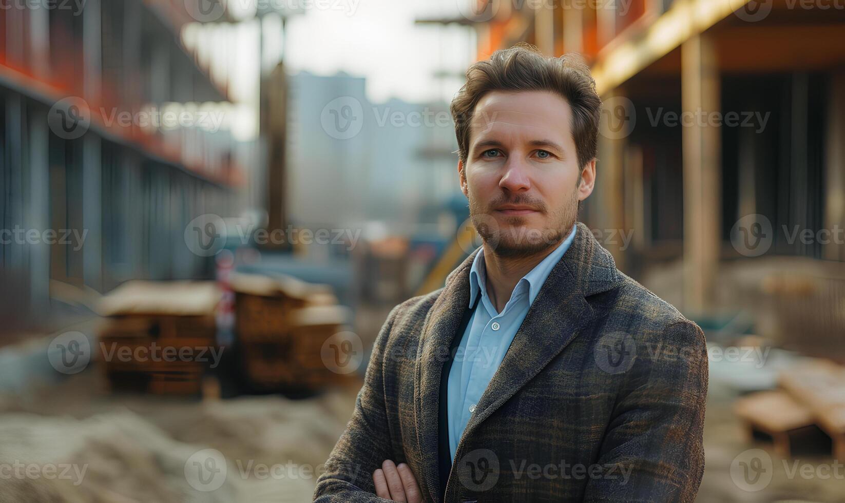 A man in a suit standing in front of a construction site photo