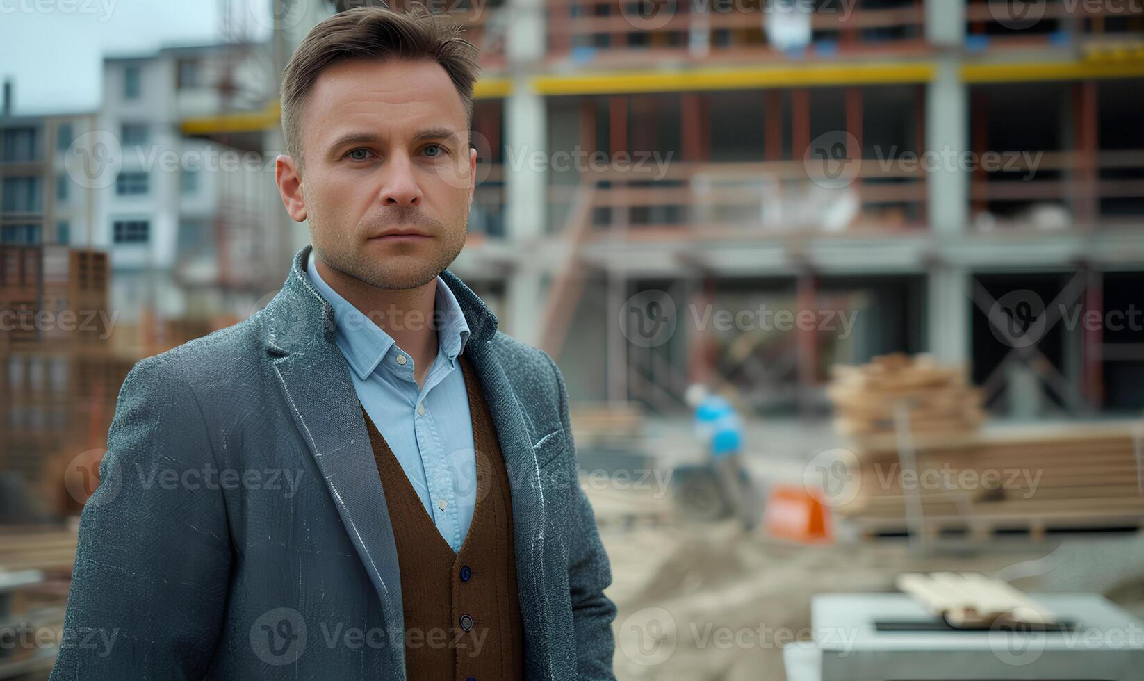 A man in a suit standing in front of a building photo