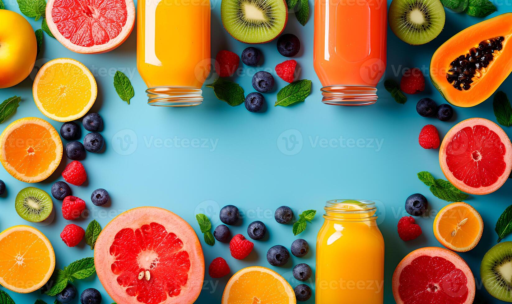 Fresh fruit juice on blue background with copy space photo