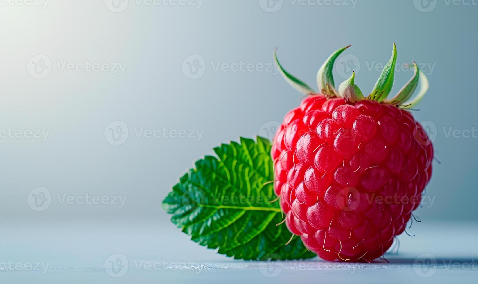 A raspberry is sitting on top of a green leaf photo