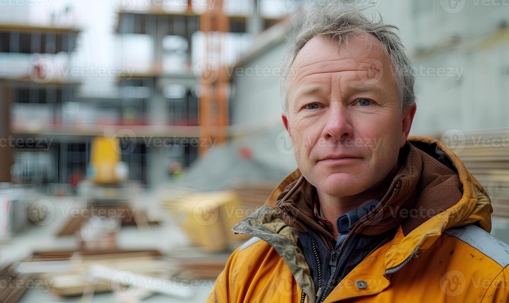 A man in a yellow jacket standing in front of a construction site photo
