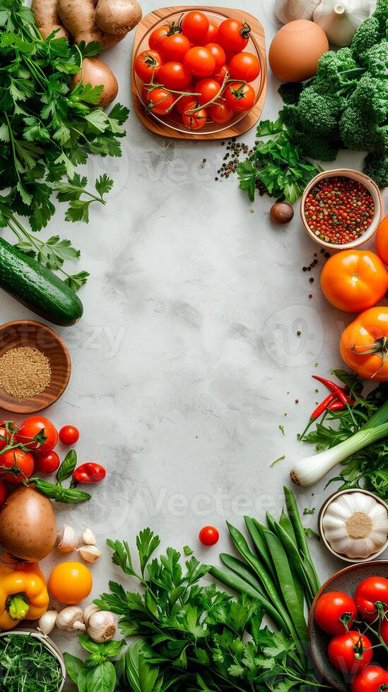 Fresh vegetables and herbs arranged in a circle on a white background photo