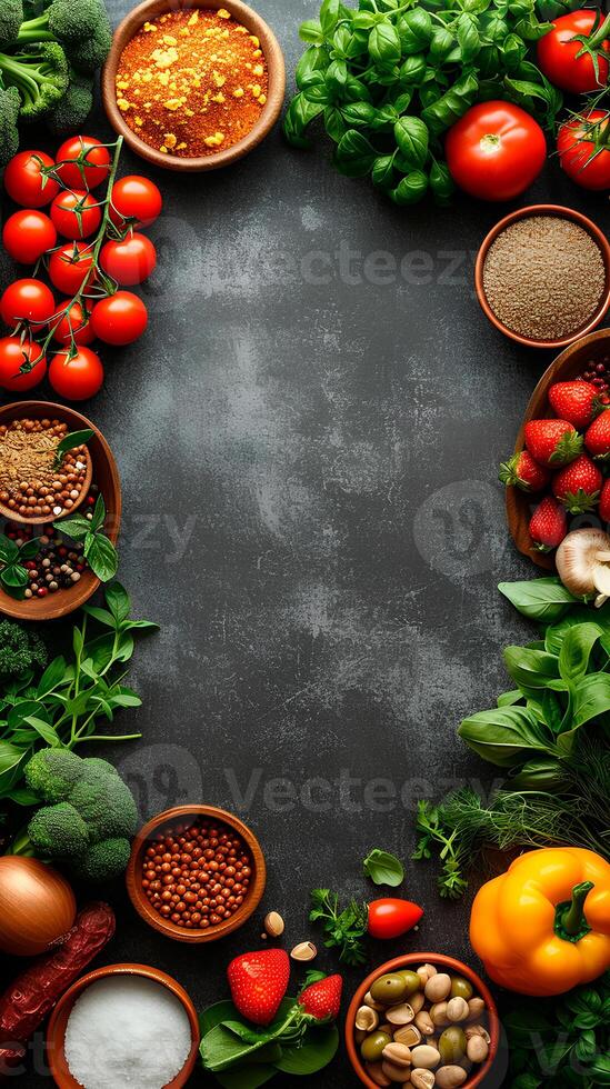 A blackboard with various vegetables and spices photo