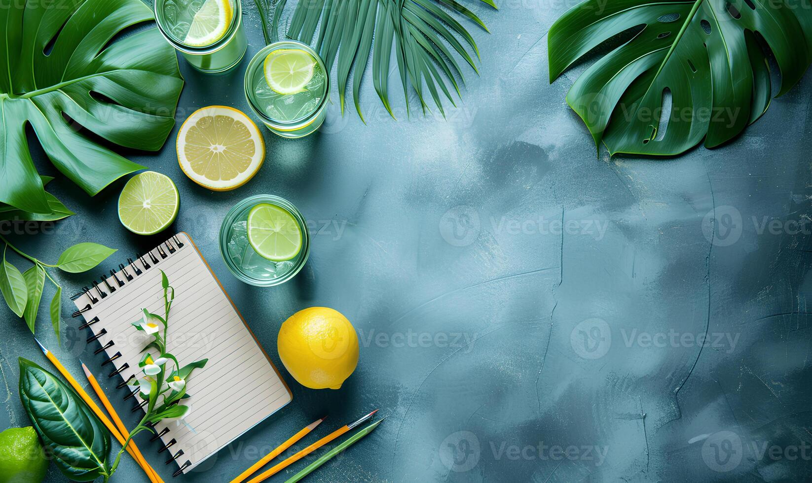 A notebook, pencils, lemon slices and a lime are on a blue background photo