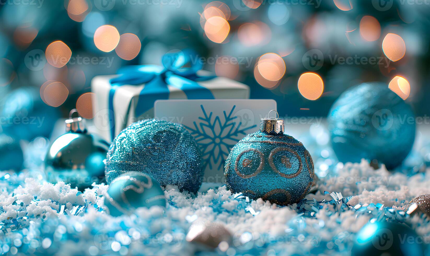 A blue christmas background with ornaments and a gift photo