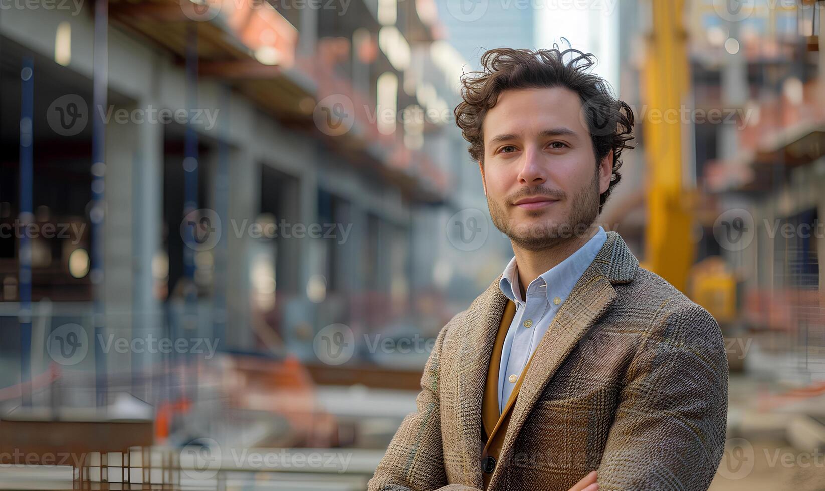 A man in a suit standing in front of a construction site photo
