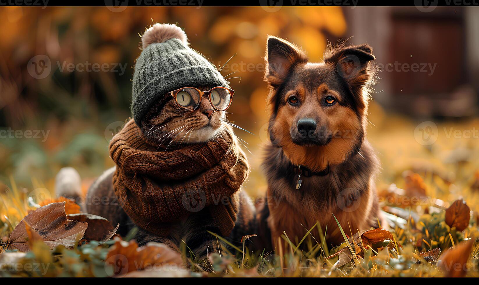 A cat and dog sitting in the grass photo