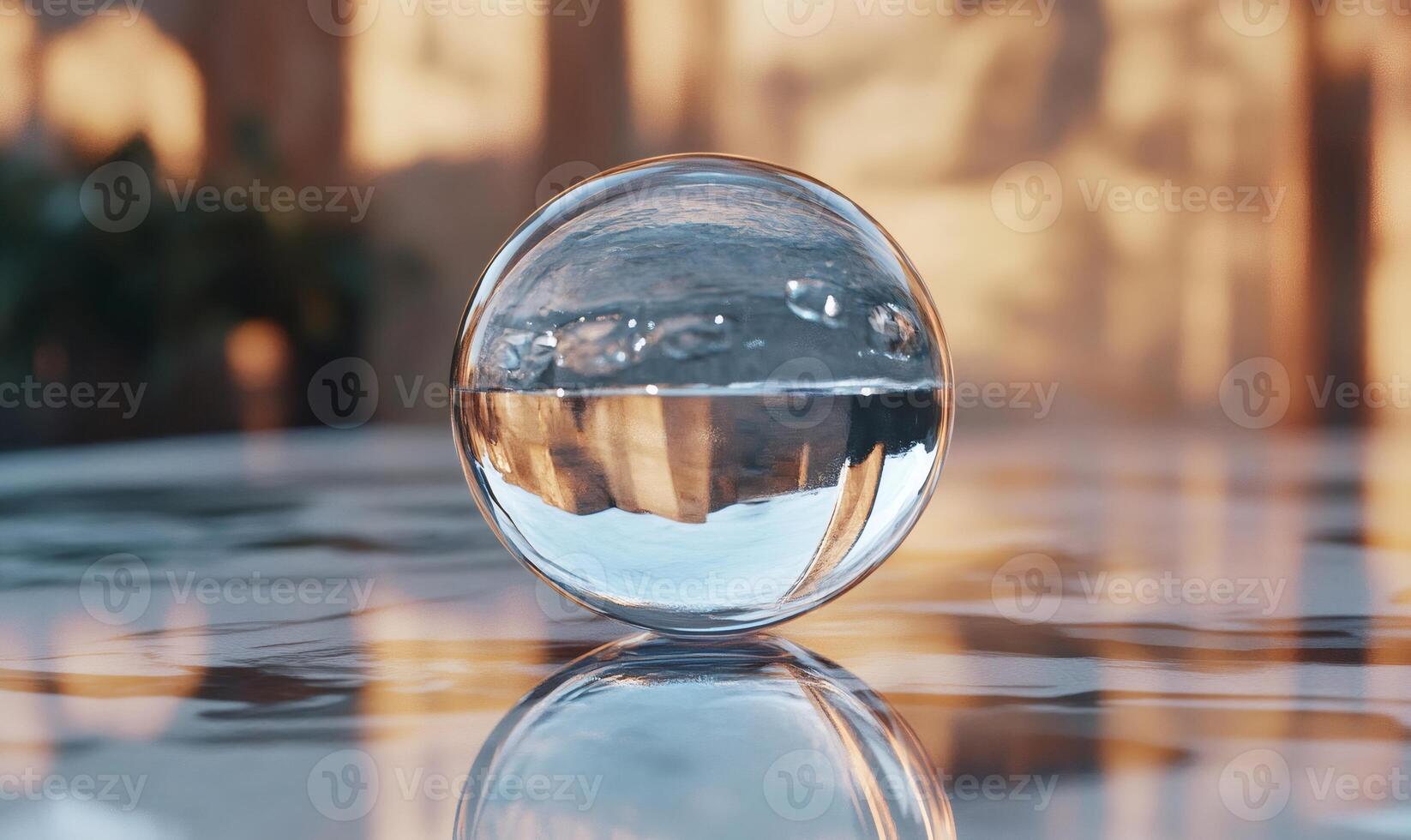 Half full crystal ball reflecting golden sunset light, resting on reflective surface, symbolizing future, hope, divination photo
