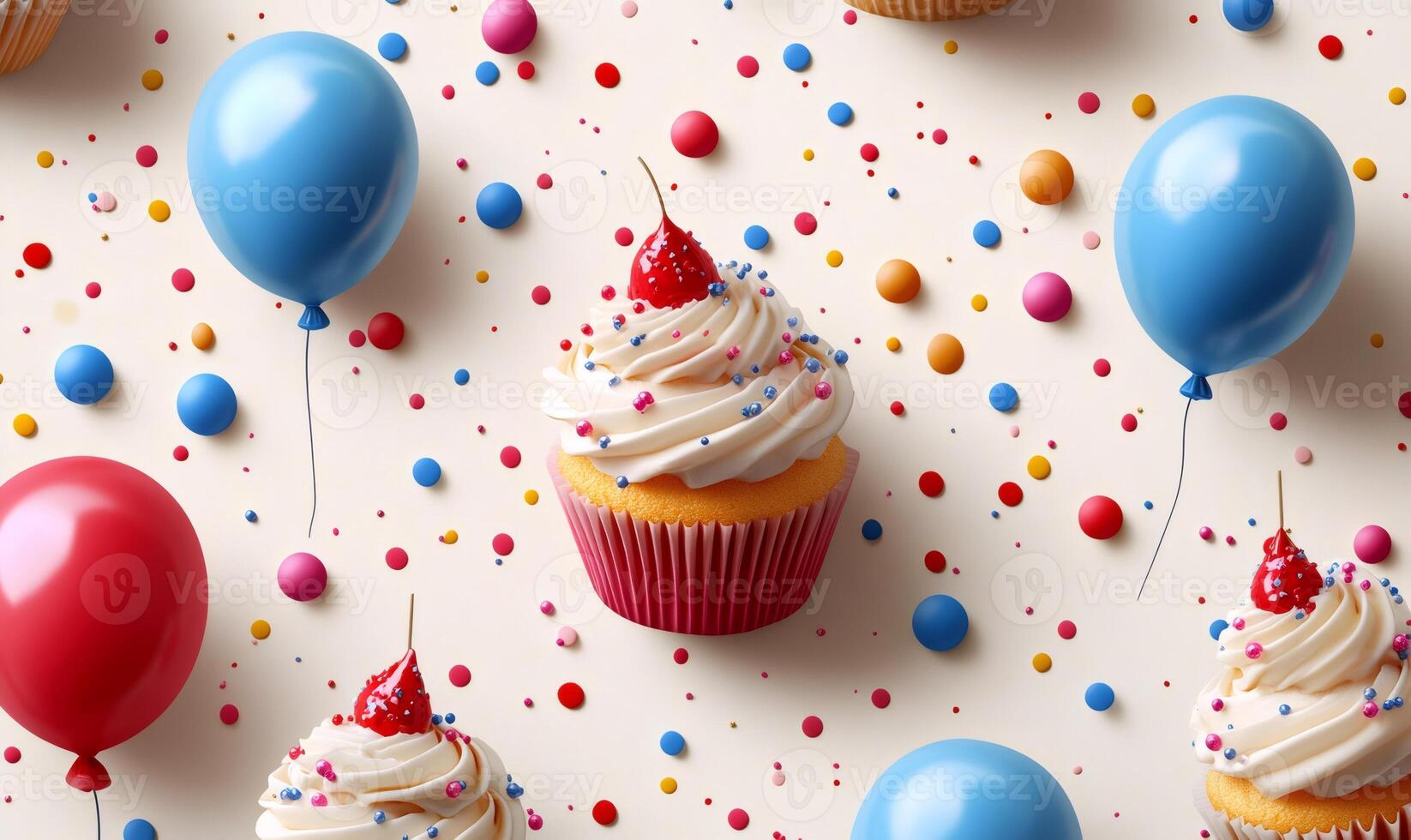 Delicious cupcakes topped with whipped cream, cherries, and colorful sprinkles create a festive scene alongside floating balloons photo