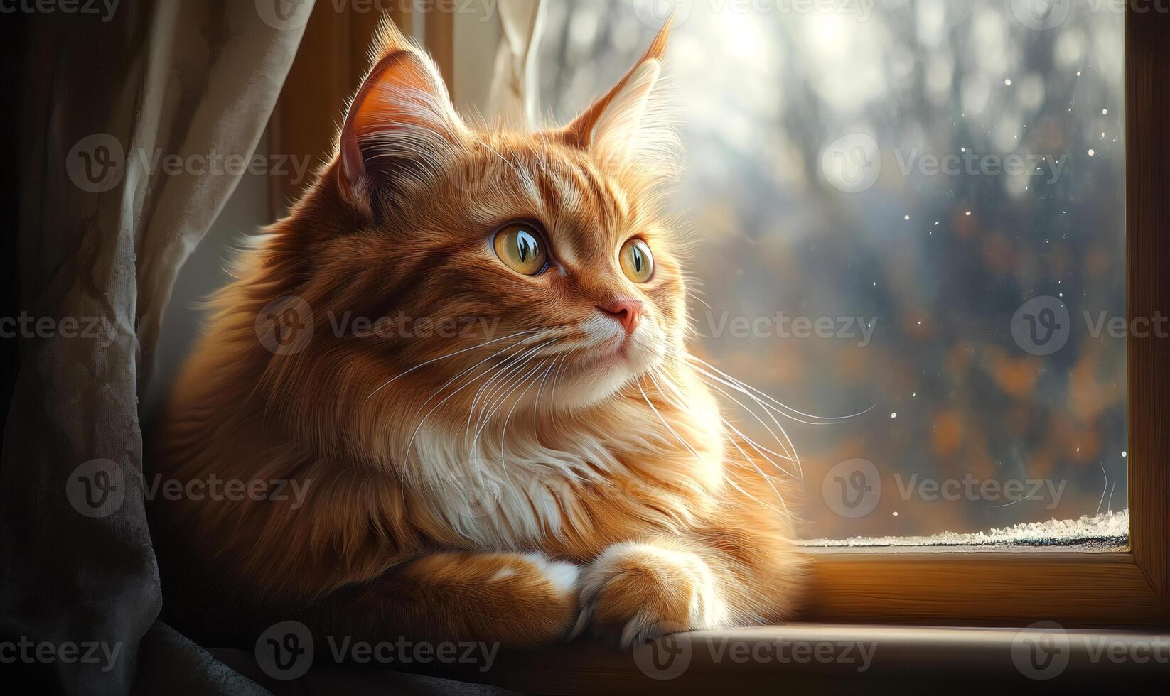 Ginger cat resting near window, enjoying warm sunlight and observing outside world with curiosity photo