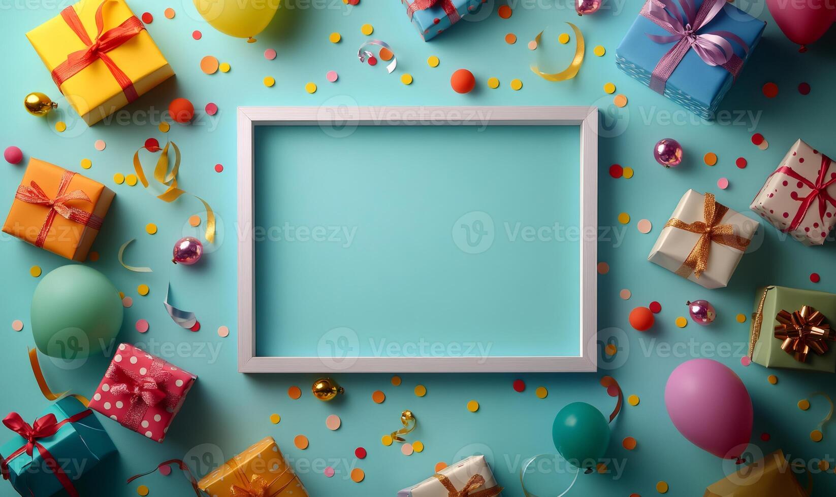 Festive birthday party background featuring a blank frame surrounded by colorful balloons, gift boxes, and confetti on a vibrant teal backdrop photo
