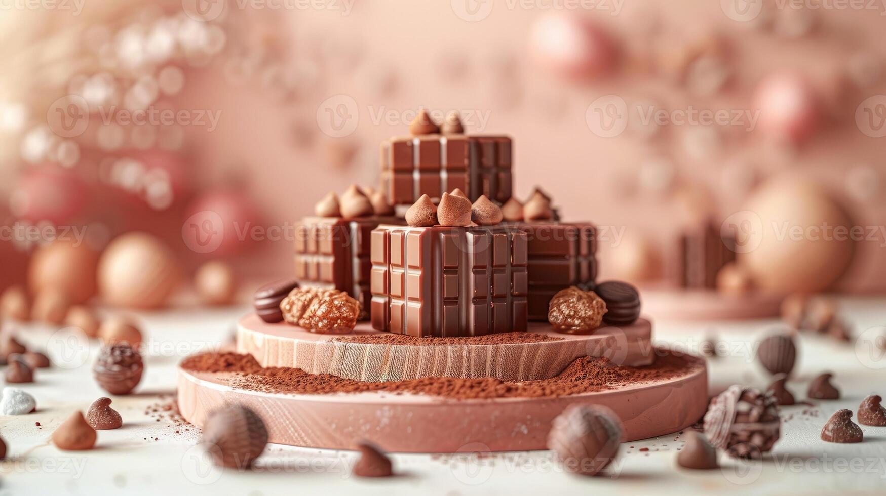 Gourmet Dark Chocolate Assortment Luxurious Chocolates Cocoa Powder on Wooden Platter photo