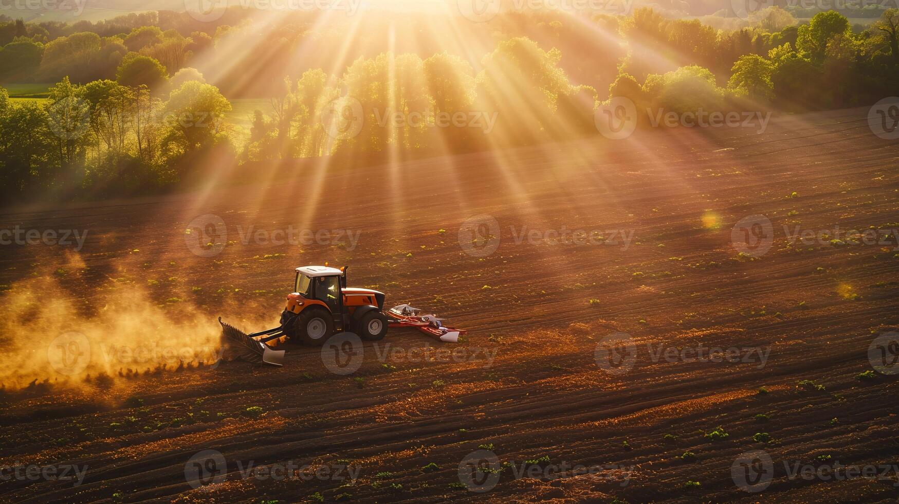 Sunlit tractor plowing field at sunrise amid stunning rural landscape photo