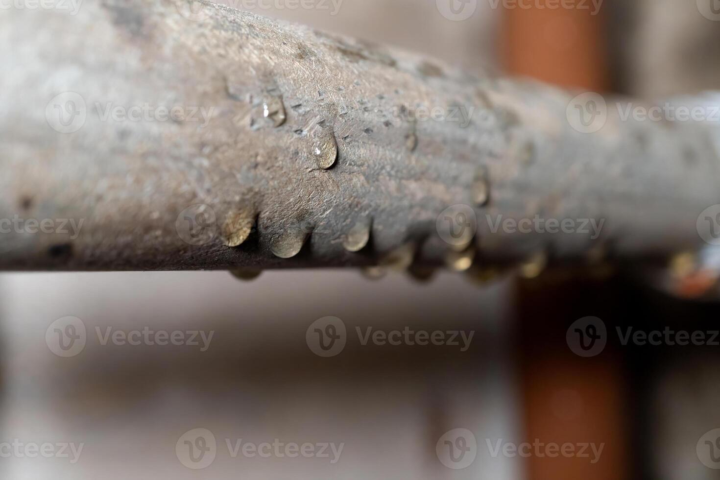 Close-up of water droplets on metal pipe surface indicating moisture and condensation photo