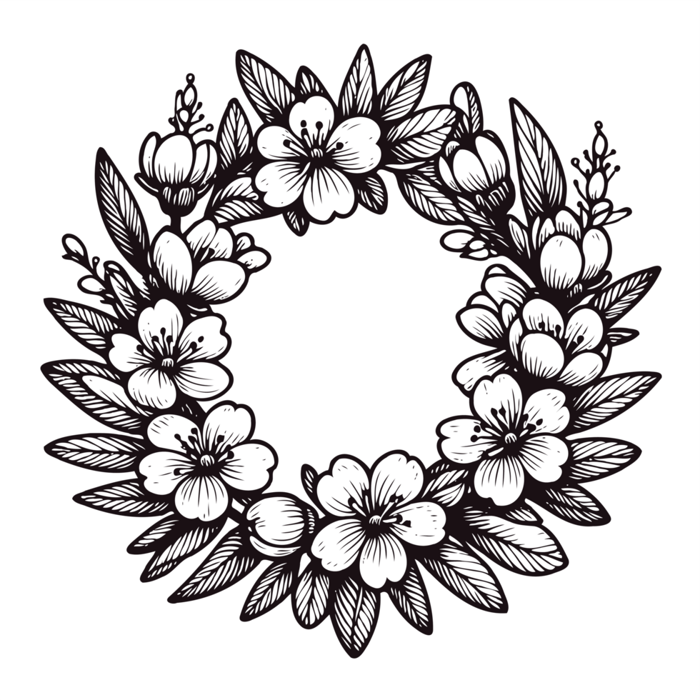 wreath of flowers, leaves black and white frame illustration set of decorative elements of plants background, floral border, Spring Bloom Wreath png