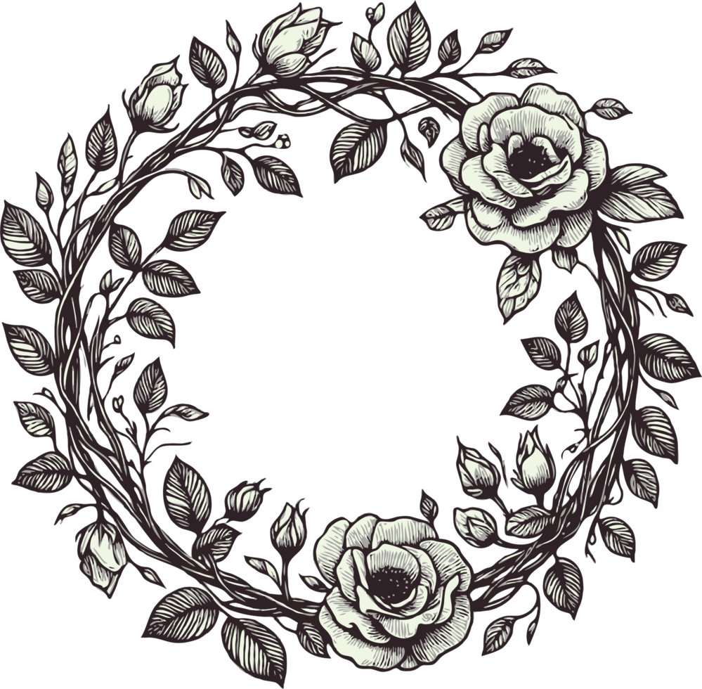 wreath of flowers, leaves black and white frame illustration set of decorative elements of plants background, rose drawing png
