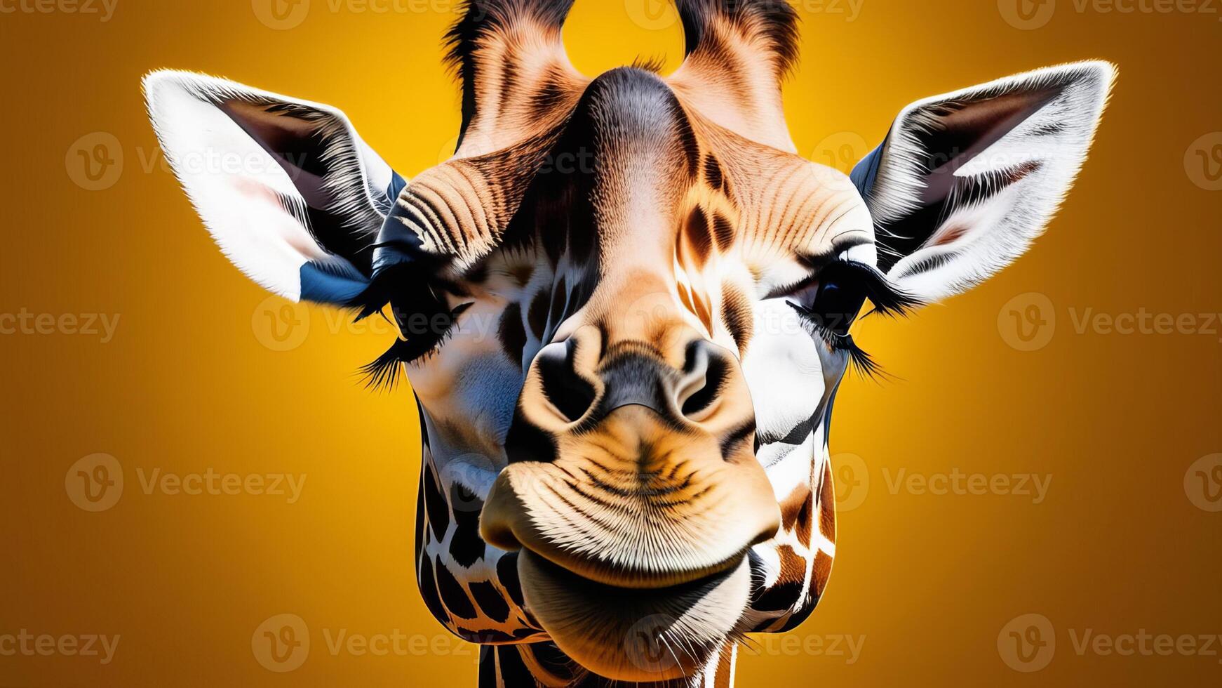 A close-up of a cute giraffe, capturing its curious expression against a yellow backdrop photo