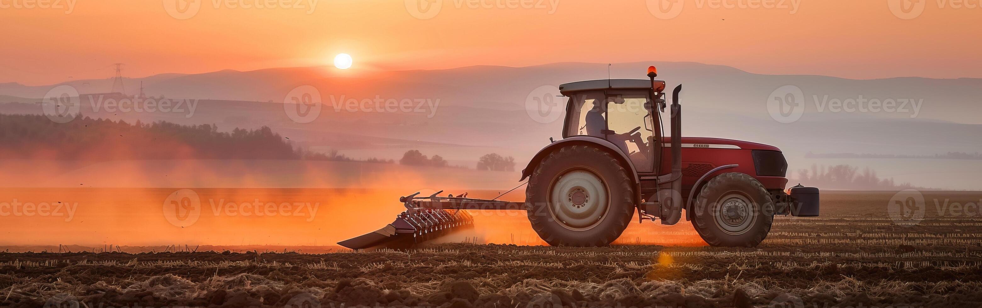 Tractor at sunset on dusty farm field with scenic backdrop photo