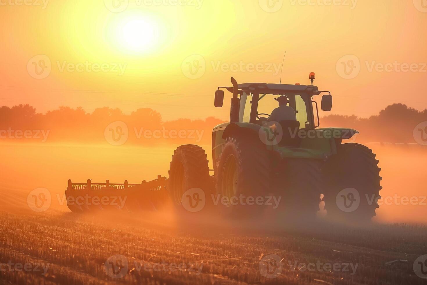 Tractor plowing at sunset, serene agricultural scene with golden glow photo