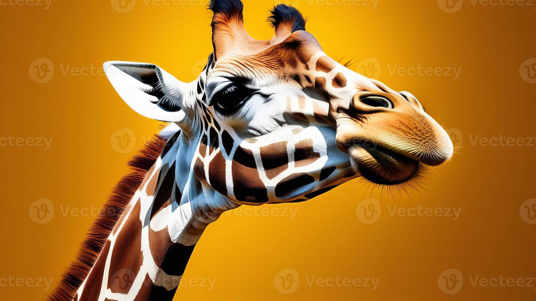 portrait of a giraffes head with a vivid and stylized approach against a warm yellow backdrop photo