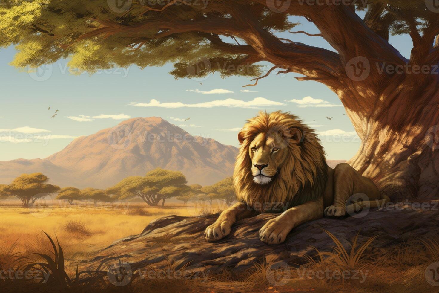 A lion is laying on a rock in front of a tree photo