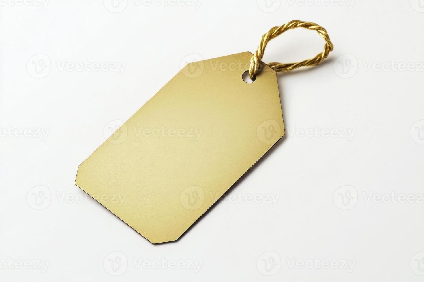 Blank gold colored price tag with a jute string loop lies on a white background photo