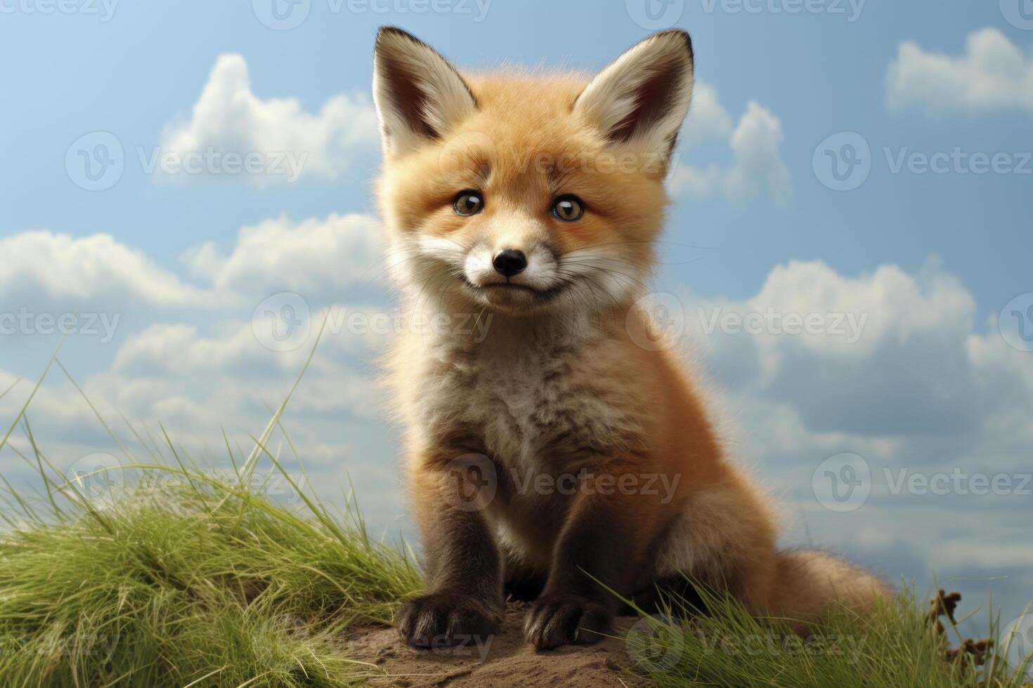 A small red fox is sitting on a hill. photo