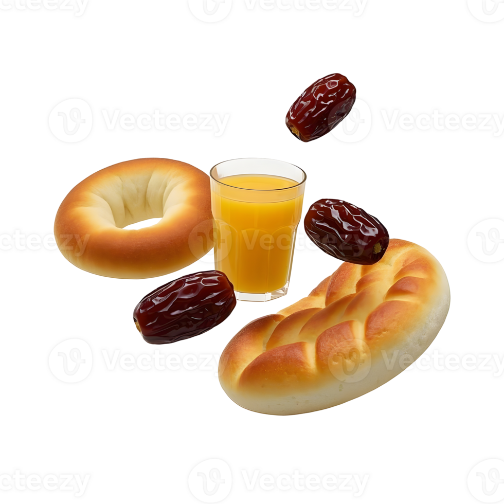 A glass of orange juice and a bagel with dates png