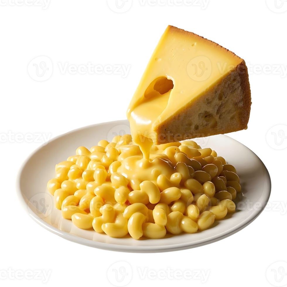 Macaroni and cheese with a piece of cheese being dipped into it png