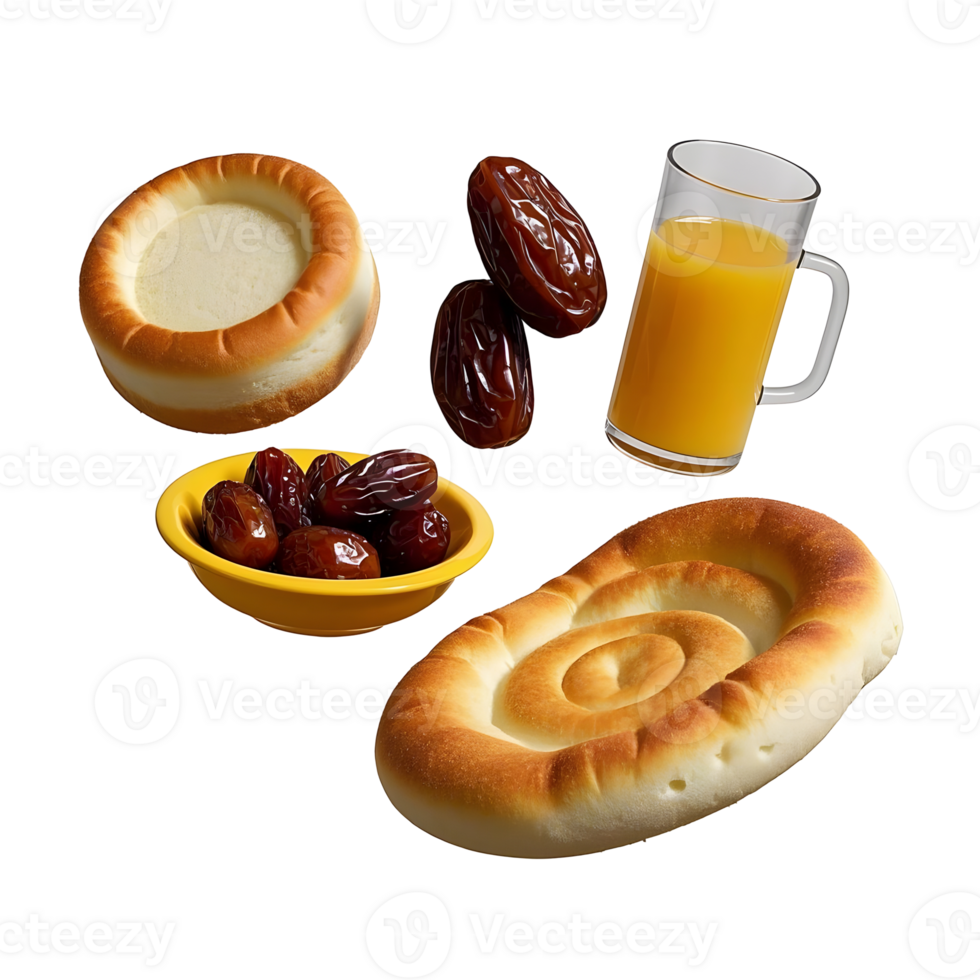 A variety of food items including bread, dates and orange juice png