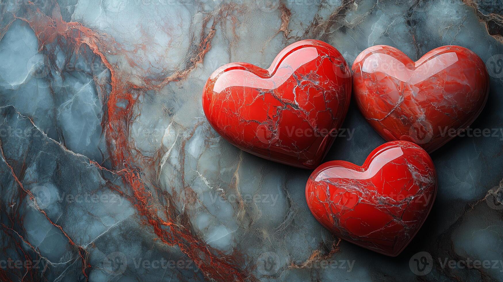 Three red hearts on a marble surface photo