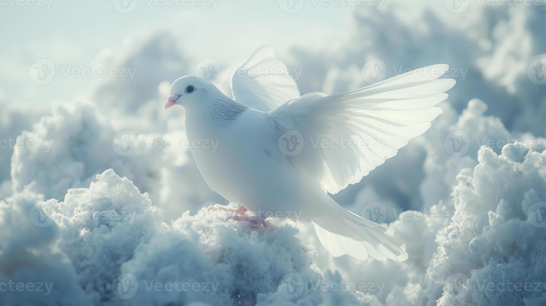 A white dove is sitting on top of a snowy mountain photo