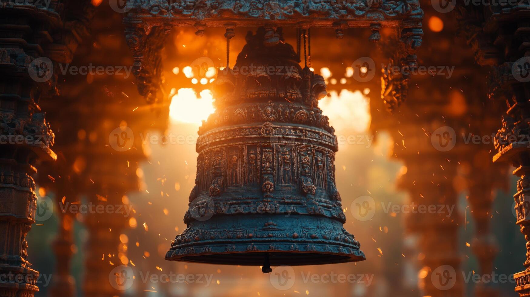 A bell is shown in the middle of a temple photo