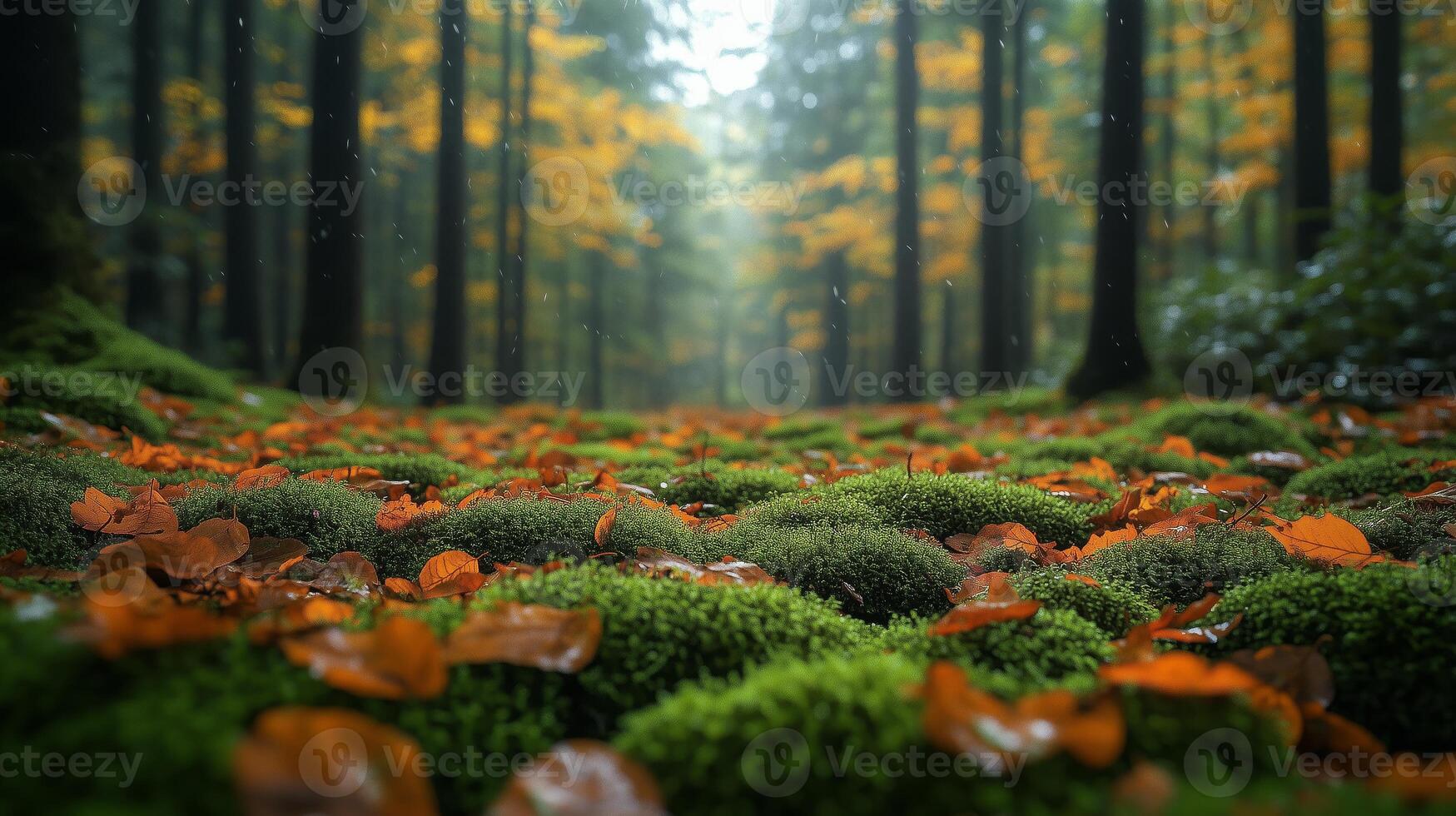 A forest with green grass and orange leaves photo