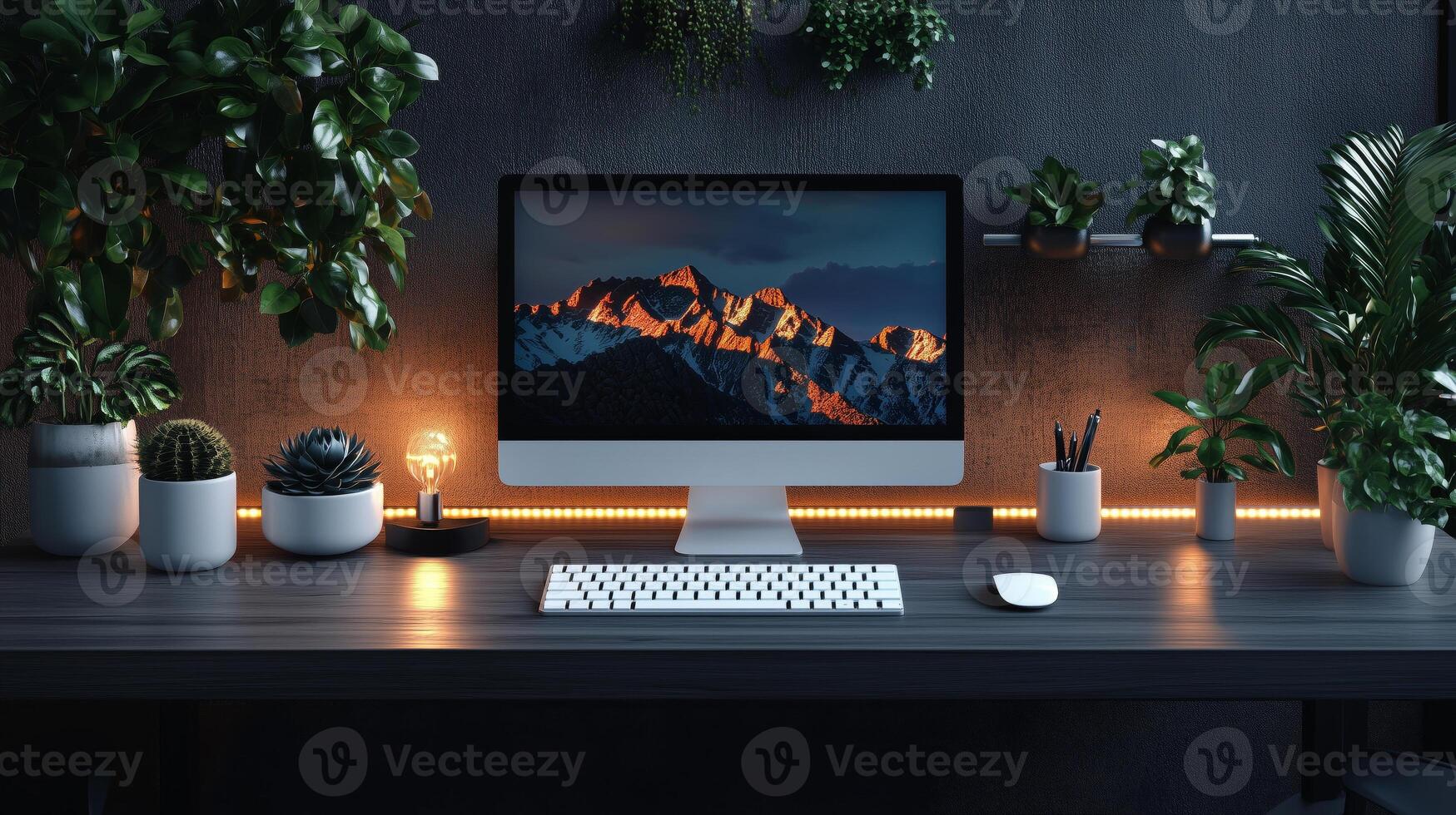 A computer on a desk with plants and a lamp photo
