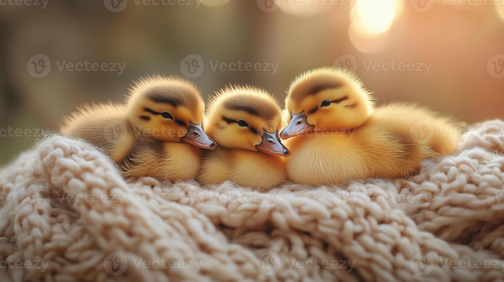 Three baby ducks are sitting on a blanket photo