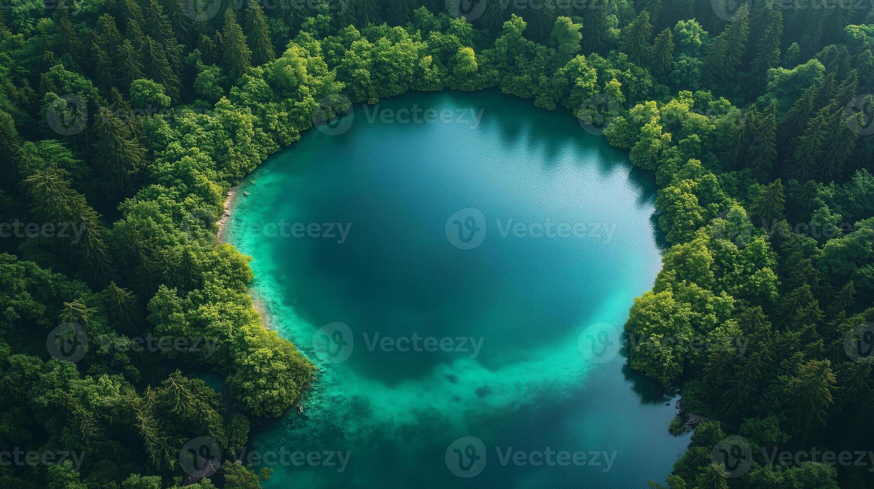 Beautiful lake in the forest with green trees and blue water photo