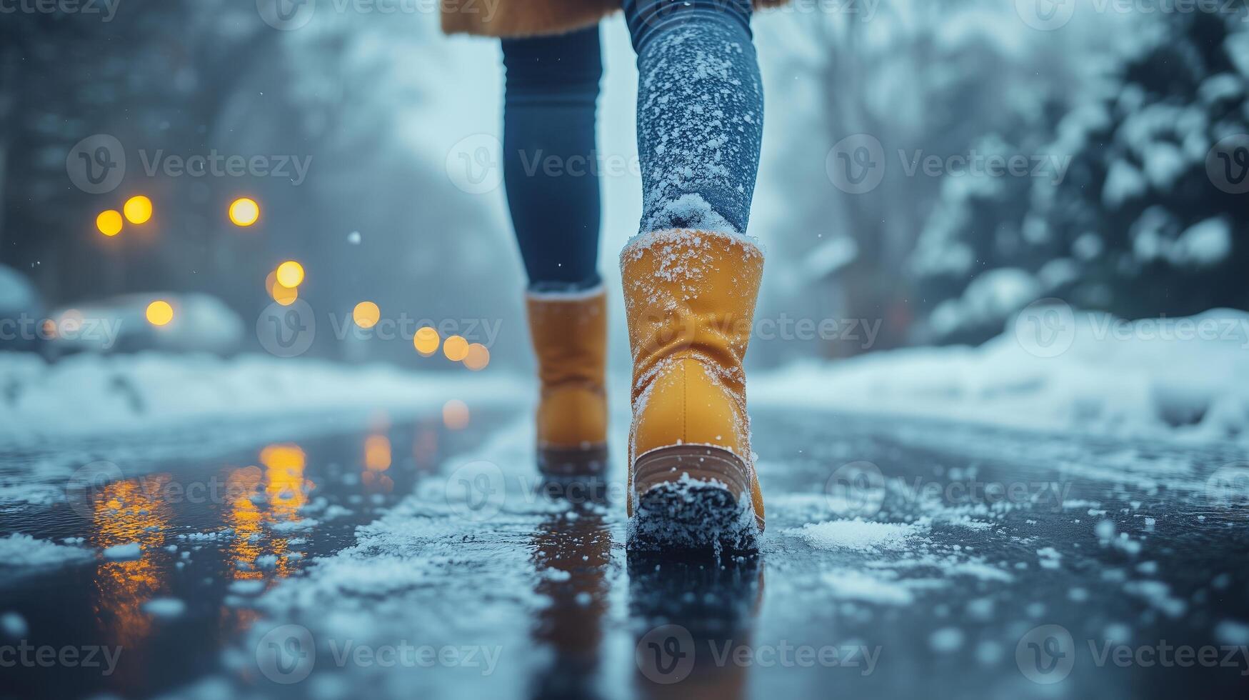 A person walking in the snow with yellow boots photo