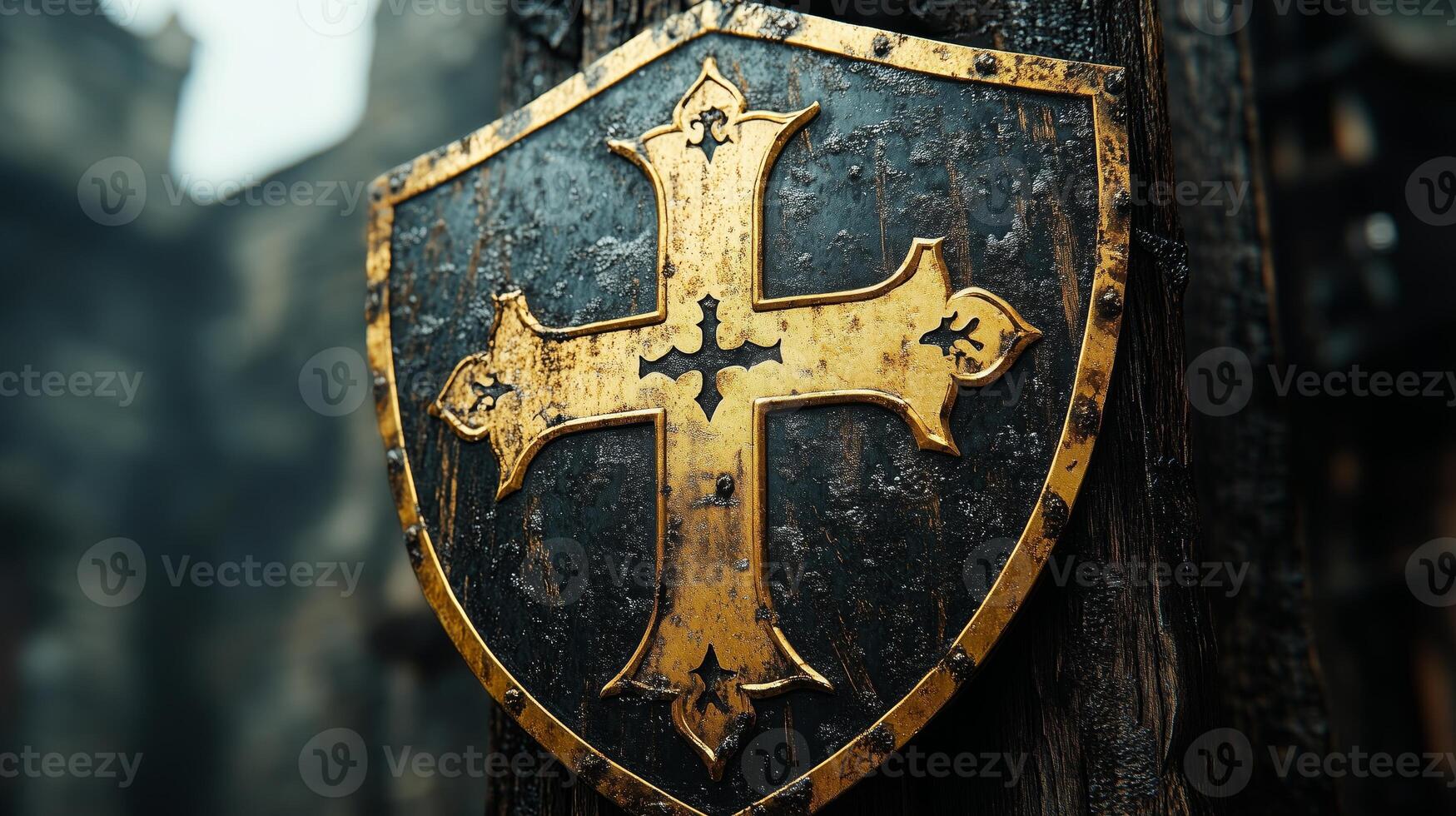 A shield with a cross on it is on a wooden post photo